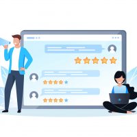 Online review, people giving feedback using the mobile app. Reviews of people on the tablet screen. A woman is sitting with a laptop, a man is standing with a megaphone. Vector illustration
