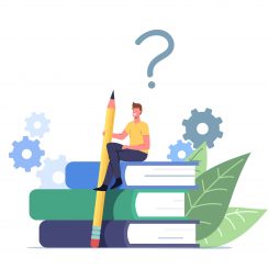 Tiny Male Character with Huge Pencil Sit on Guidance Booklet or Guided Textbook. User Manual Tutorial Concept. User Reading Guidebook and Writing Technical Instructions. Cartoon Vector Illustration