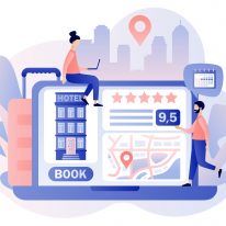 Booking hotel online. Tiny people search, choose and reservation hotel or apartment on web site. Tourist and business trip. Modern flat cartoon style. Vector illustration