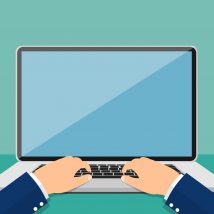 Laptop and hands on the keyboard. Vector illustration in flat style